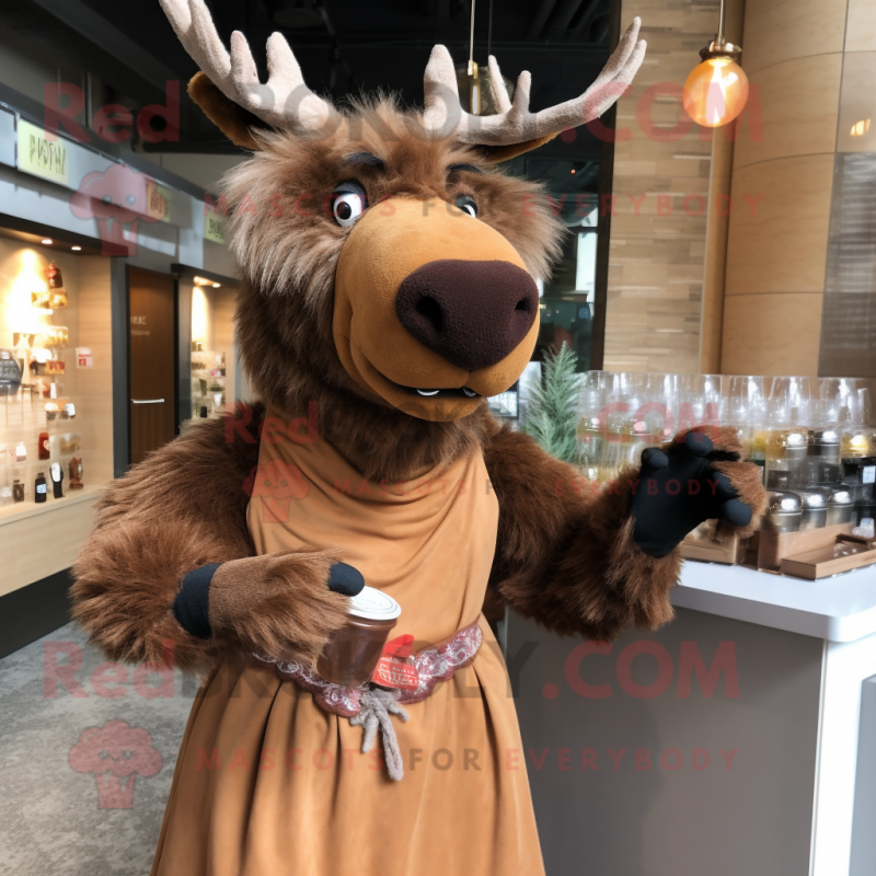 Brown Irish Elk mascot costume character dressed with a Cocktail Dress and Scarf clips