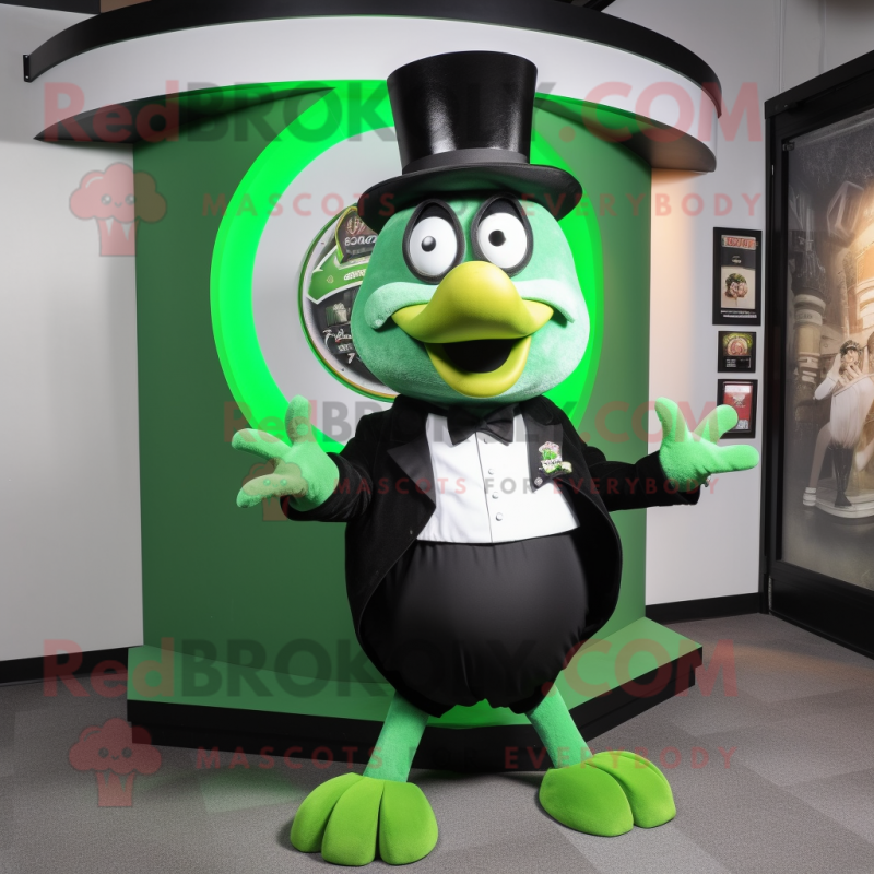 Green Gyro mascot costume character dressed with a Tuxedo and Hair clips Green Gyro mascot costume character dressed with a Tuxedo and Hair clips