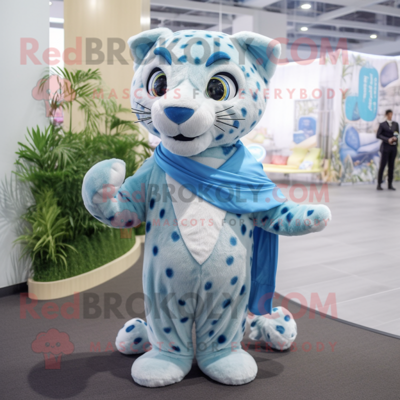 Sky Blue Cheetah mascot costume character dressed with a Chinos and Wraps