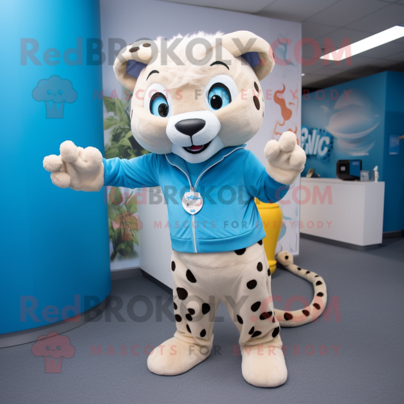 Sky Blue Cheetah mascot costume character dressed with a Chinos and Wraps