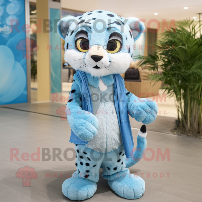Sky Blue Cheetah mascot costume character dressed with a Chinos and Wraps Sky Blue Cheetah mascot costume character dressed with a Chinos and Wraps
