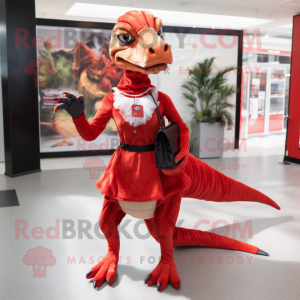 Red Velociraptor mascot costume character dressed with a Mini Skirt and Clutch bags