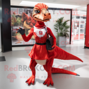 Red Velociraptor mascot costume character dressed with a Mini Skirt and Clutch bags