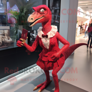 Red Velociraptor mascot costume character dressed with a Mini Skirt and Clutch bags