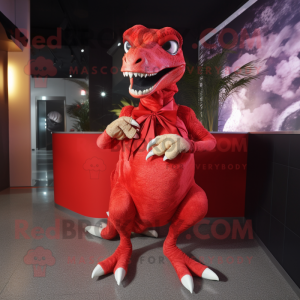 Red Velociraptor mascot costume character dressed with a Mini Skirt and Clutch bags