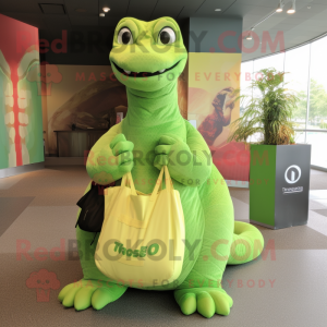 Lime Green Titanoboa mascot costume character dressed with a T-Shirt and Tote bags