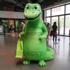 Lime Green Titanoboa mascot costume character dressed with a T-Shirt and Tote bags