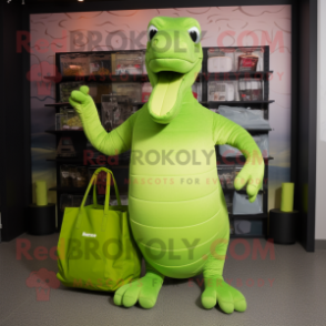 Lime Green Titanoboa mascot costume character dressed with a T-Shirt and Tote bags