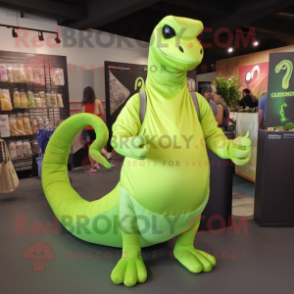 Lime Green Titanoboa mascot costume character dressed with a T-Shirt and Tote bags