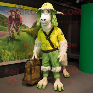 Lime Green Boer Goat mascot costume character dressed with a Cargo Shorts and Shoe laces