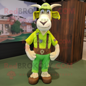 Lime Green Boer Goat mascot costume character dressed with a Cargo Shorts and Shoe laces