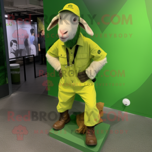 Lime Green Boer Goat mascot costume character dressed with a Cargo Shorts and Shoe laces