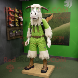 Lime Green Boer Goat mascot costume character dressed with a Cargo Shorts and Shoe laces