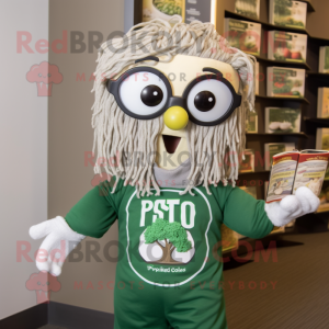 Silver Pesto Pasta mascot costume character dressed with a Graphic Tee and Reading glasses