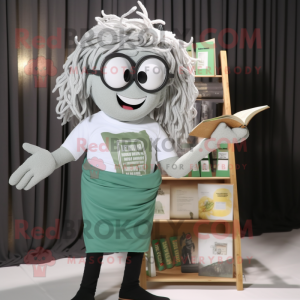 Silver Pesto Pasta mascot costume character dressed with a Graphic Tee and Reading glasses