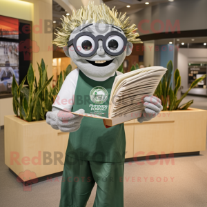 Silver Pesto Pasta mascot costume character dressed with a Graphic Tee and Reading glasses