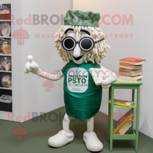 Silver Pesto Pasta mascot costume character dressed with a Graphic Tee and Reading glasses