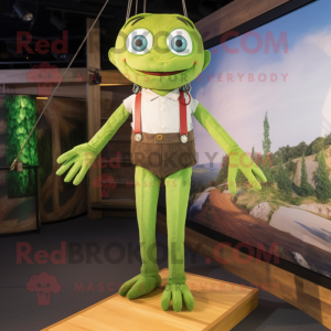 Olive Tightrope Walker mascot costume character dressed with a Bootcut Jeans and Suspenders