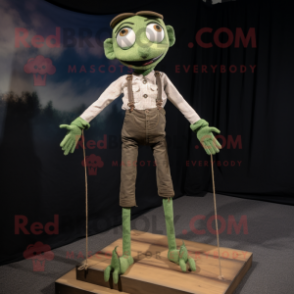 Olive Tightrope Walker mascot costume character dressed with a Bootcut Jeans and Suspenders