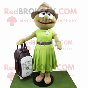 Olive Golf Bag mascot costume character dressed with a Maxi Dress and Bracelet watches