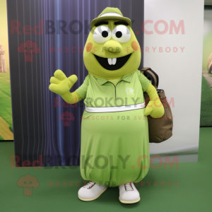 Olive Golf Bag mascot costume character dressed with a Maxi Dress and Bracelet watches