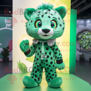 Green Leopard mascot costume character dressed with a Jumpsuit and Hair clips