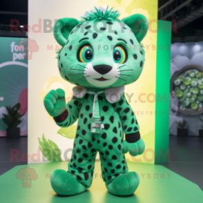 Green Leopard mascot costume character dressed with a Jumpsuit and Hair clips