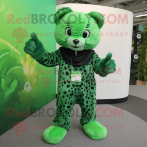 Green Leopard mascot costume character dressed with a Jumpsuit and Hair clips