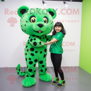 Green Leopard mascot costume character dressed with a Jumpsuit and Hair clips