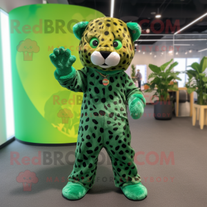 Green Leopard mascot costume character dressed with a Jumpsuit and Hair clips