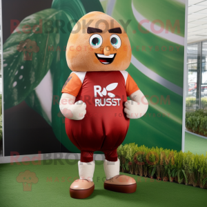 Rust Radish mascot costume character dressed with a Rugby Shirt and Earrings