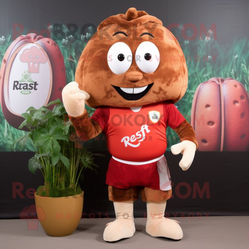 Rust Radish mascot costume character dressed with a Rugby Shirt and Earrings