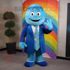 Blue Rainbow mascot costume character dressed with a Coat and Ties