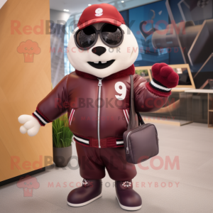 Maroon But mascot costume character dressed with a Bomber Jacket and Handbags
