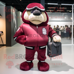 Maroon But mascot costume character dressed with a Bomber Jacket and Handbags