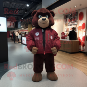 Maroon But mascot costume character dressed with a Bomber Jacket and Handbags