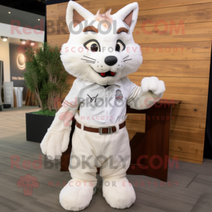 White Bobcat mascot costume character dressed with a Poplin Shirt and Hair clips