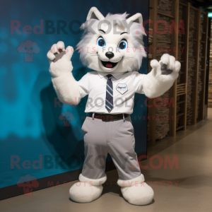 White Bobcat mascot costume character dressed with a Poplin Shirt and Hair clips