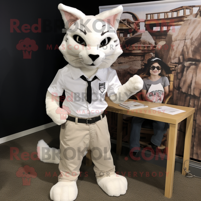 White Bobcat mascot costume character dressed with a Poplin Shirt and Hair clips