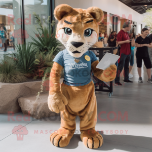 Rust Mountain Lion mascot costume character dressed with a Jeggings and Hair clips