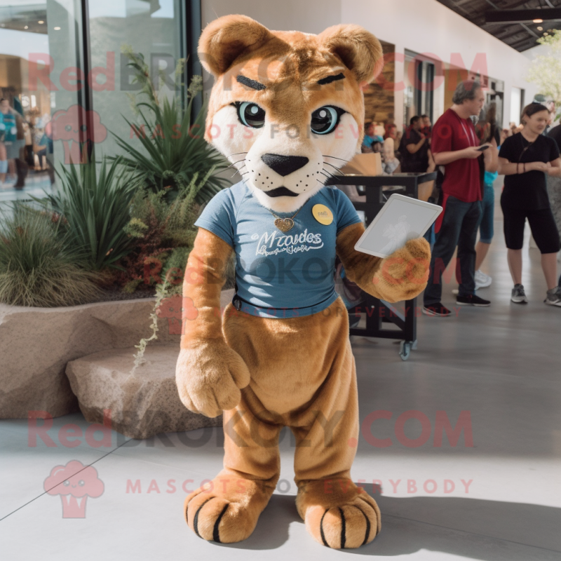 Rust Mountain Lion mascot costume character dressed with a Jeggings and Hair clips Rust Mountain Lion mascot costume character dressed with a Jeggings and Hair clips