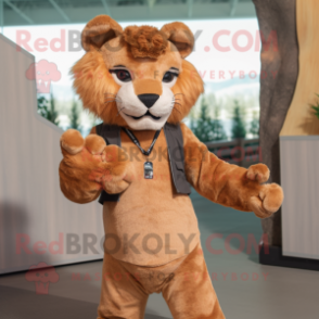 Rust Mountain Lion mascot costume character dressed with a Jeggings and Hair clips