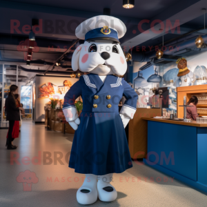 Navy Pho mascot costume character dressed with a Empire Waist Dress and Berets
