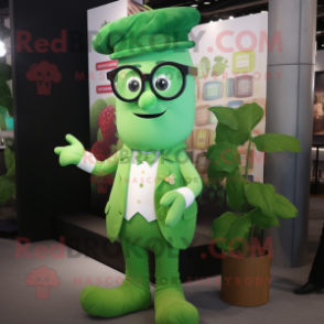Green Beanstalk mascot costume character dressed with a Dress Pants and Reading glasses