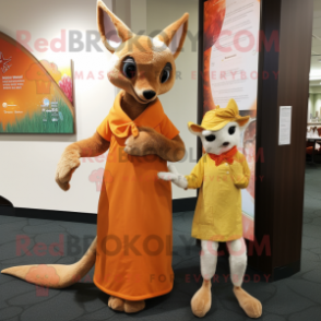 Orange Kangaroo mascot costume character dressed with a Shift Dress and Shawls