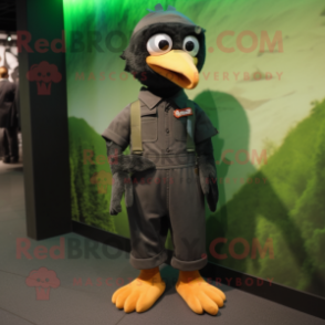 Olive Crow mascot costume character dressed with a Overalls and Keychains