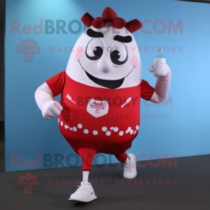 Red Bottle Of Milk mascot costume character dressed with a Running Shorts and Cummerbunds