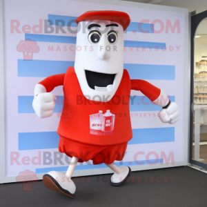 Red Bottle Of Milk mascot costume character dressed with a Running Shorts and Cummerbunds