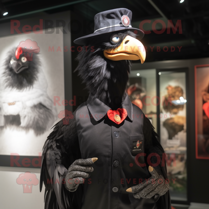 Black Roosters mascot costume character dressed with a Polo Shirt and Brooches Black Roosters mascot costume character dressed with a Polo Shirt and Brooches