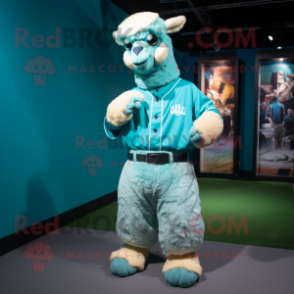 Teal Alpaca mascot costume character dressed with a Baseball Tee and Bracelet watches